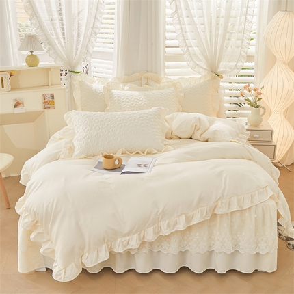 91家纺网 家纺一手货源 找家纺 宜凡家纺 2024年新款纯色全棉夹棉裙笠款 四件套 初忆-奶油白