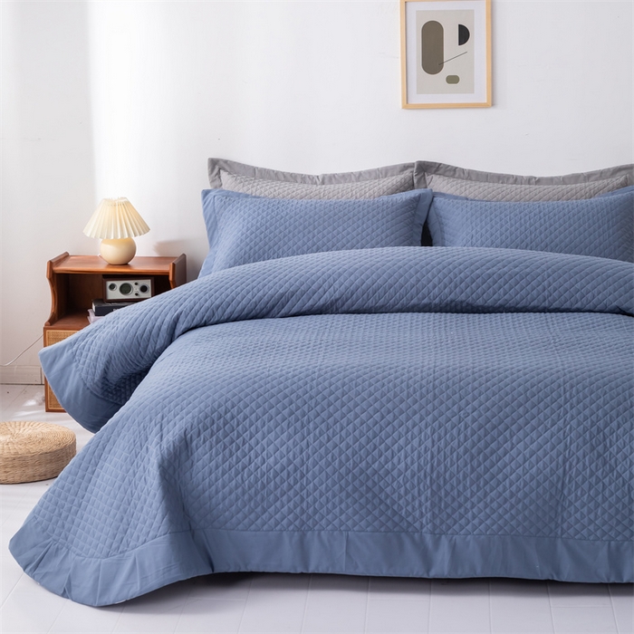 91家纺网 家纺一手货源 找家纺 优乐家纺 2025新款全棉床盖三件套水洗纯棉夹棉绗缝加厚铺盖 经典蓝