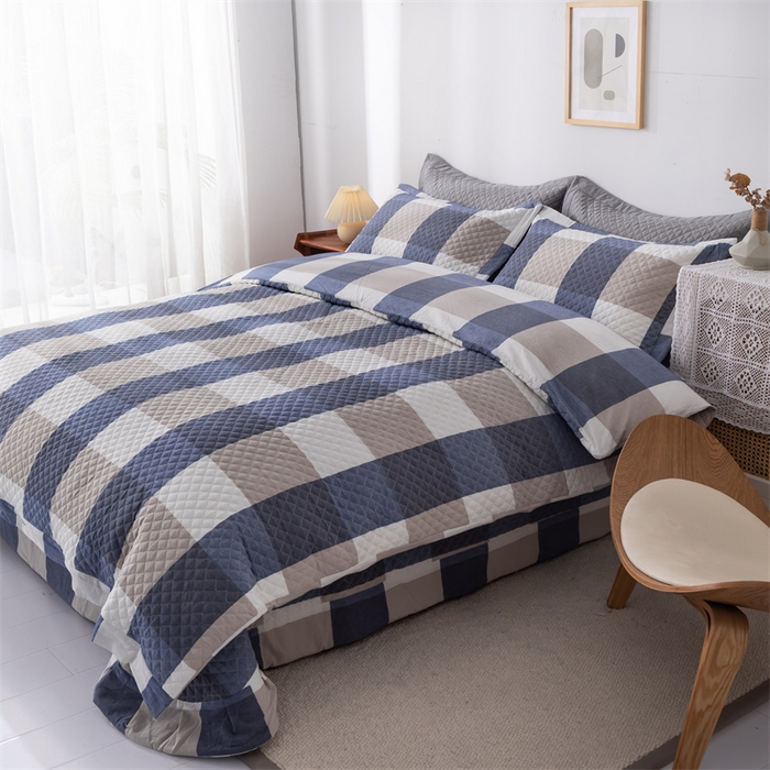 91家纺网 家纺一手货源 找家纺 优乐家纺 2025新款全棉水洗纯棉夹棉绗缝加厚四件套 蓝大格