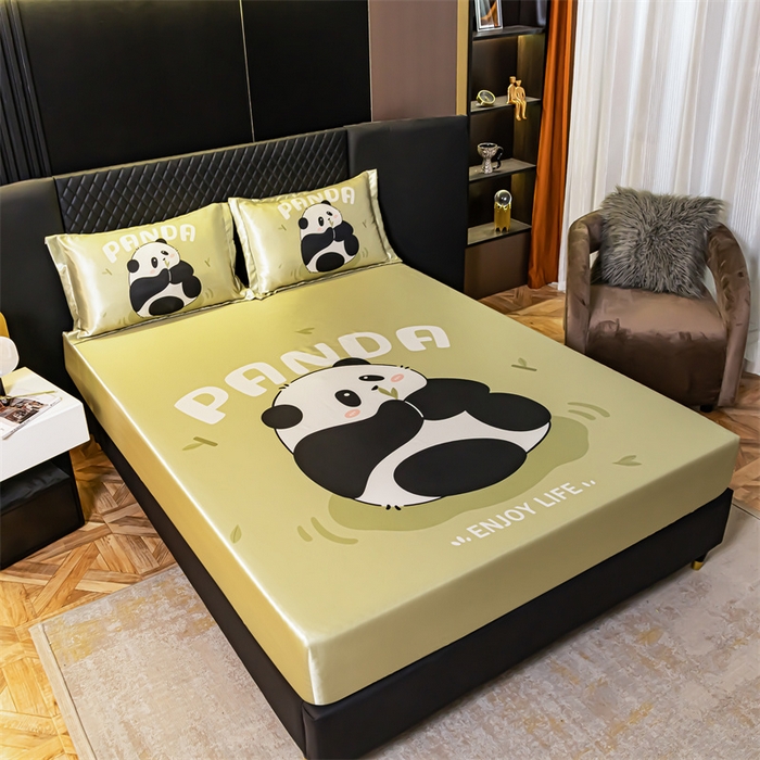 91家纺网 家纺一手货源 找家纺 梦舒羽 2025新款大版可水洗冰丝床笠宿舍床垫保护套三件套 小熊猫