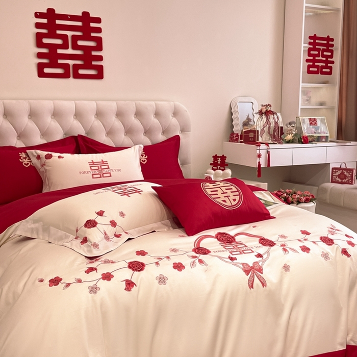 91家纺网 家纺一手货源 找家纺 遇见家居生活馆 2024新款全棉刺绣婚庆四件套 幸福约定-奶昔白