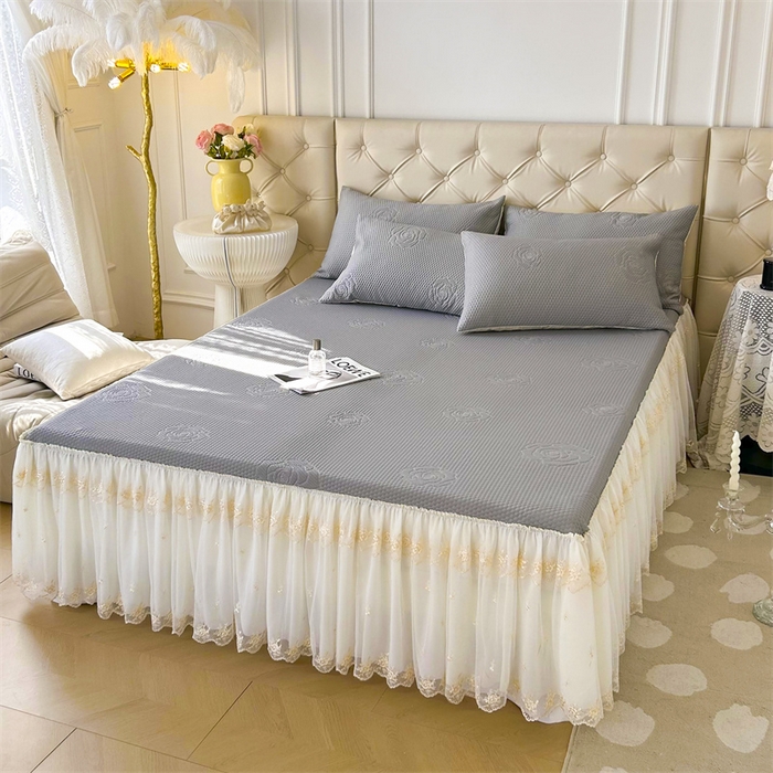 91家纺网 家纺一手货源 找家纺 恒爱A类冰丝豆豆床裙款国色天香系列凉席 绅士灰