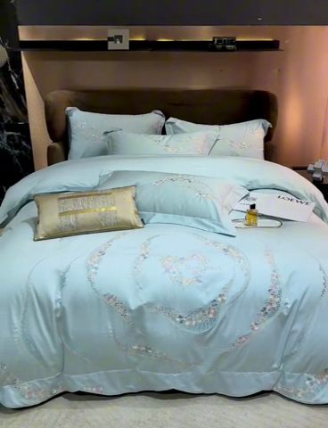 91家纺网 家纺一手货源 找家纺 红番天家居馆 2025新款全棉长绒棉绣花工艺四件套-怡悦系列 怡悦 西子蓝