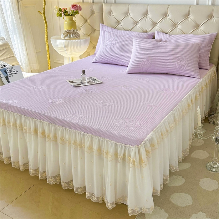 91家纺网 家纺一手货源 找家纺 恒爱A类冰丝豆豆床裙款国色天香系列凉席 浪漫紫