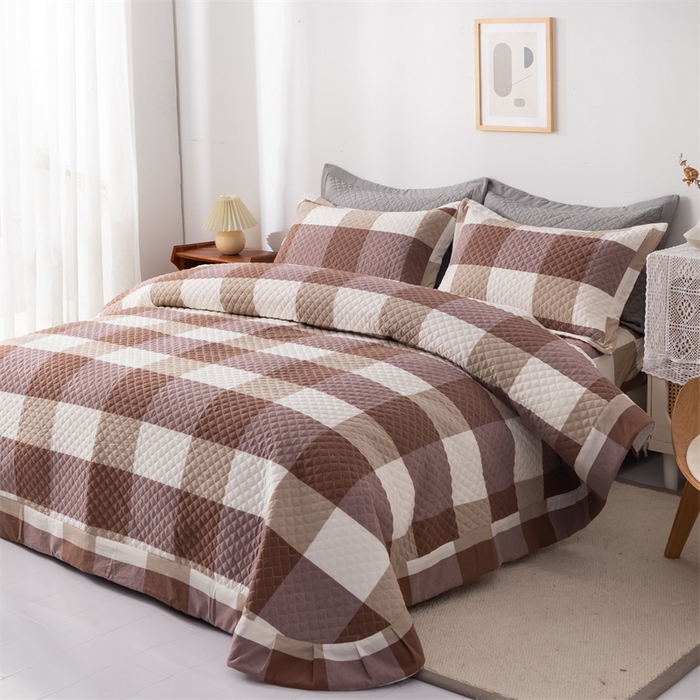 91家纺网 家纺一手货源 找家纺 优乐家纺 2025新款全棉床盖三件套水洗纯棉夹棉绗缝加厚铺盖 咖大格