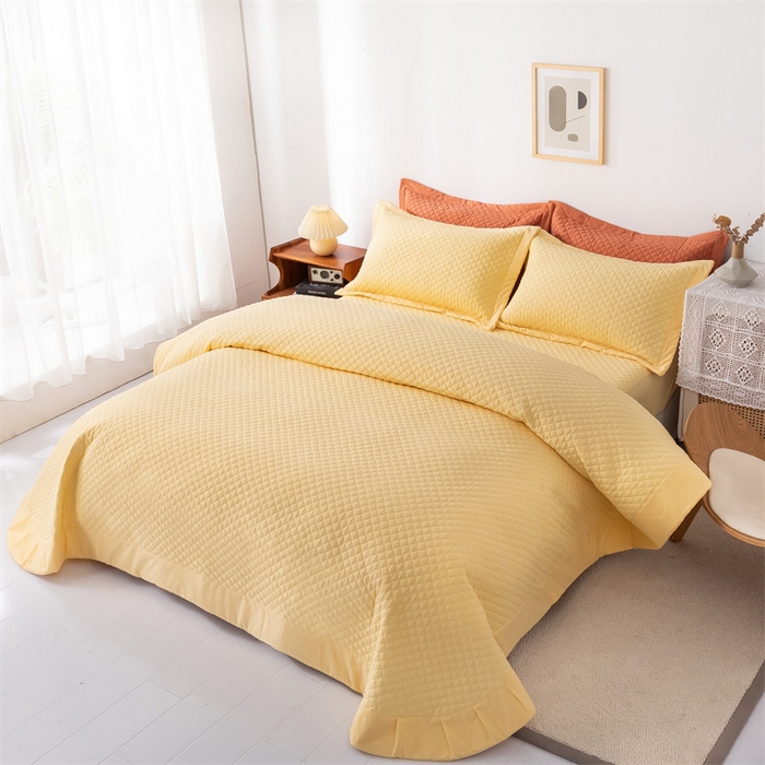 91家纺网 家纺一手货源 找家纺 优乐家纺 2025新款全棉床盖三件套水洗纯棉夹棉绗缝加厚铺盖 香橙黄