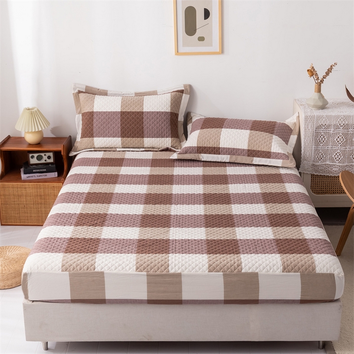 91家纺网 家纺一手货源 找家纺 优乐家纺 2025新款全棉床笠水洗纯棉夹棉绗缝加厚床笠 咖大格