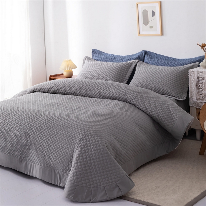 91家纺网 家纺一手货源 找家纺 优乐家纺2025新款全棉床盖三件套水洗纯棉夹棉绗缝加厚铺盖 皇宫灰