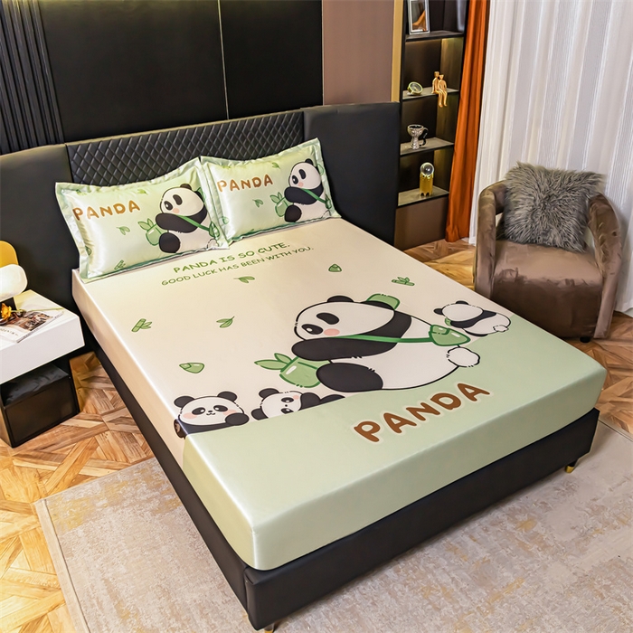 91家纺网 家纺一手货源 找家纺 梦舒羽 2025新款大版可水洗冰丝床笠宿舍床垫保护套三件套 熊猫乐园