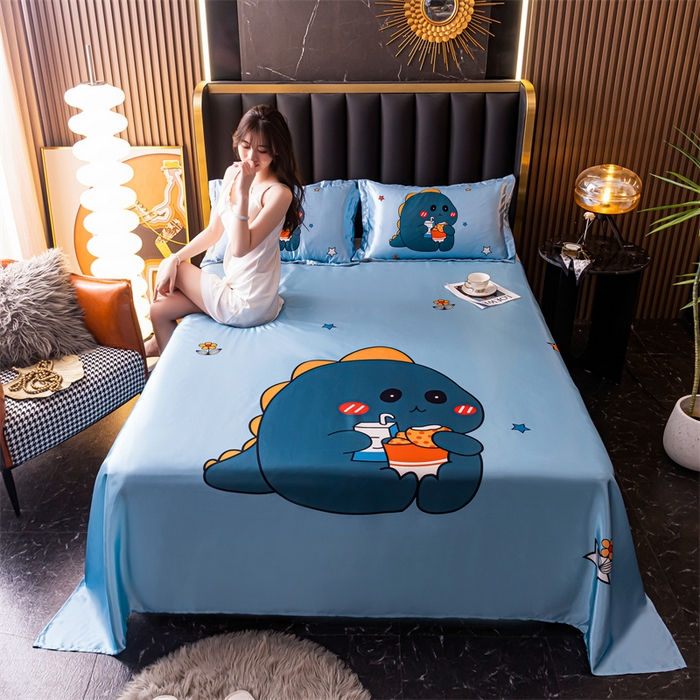 91家纺网 家纺一手货源 找家纺 梦舒羽 2025新款大版可水洗冰丝床单宿舍床垫保护罩三件套 小恐龙