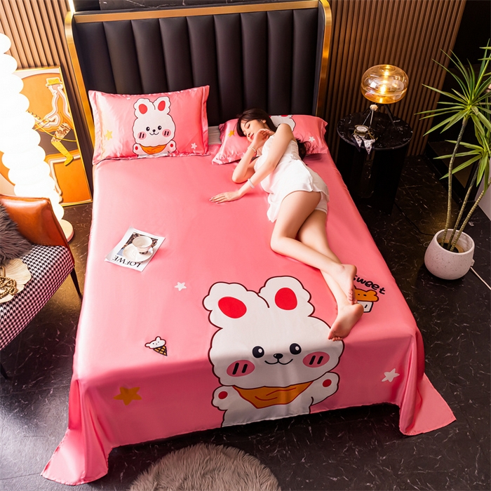 91家纺网 家纺一手货源 找家纺 梦舒羽 2025新款大版可水洗冰丝床单宿舍床垫保护罩三件套 小兔叽