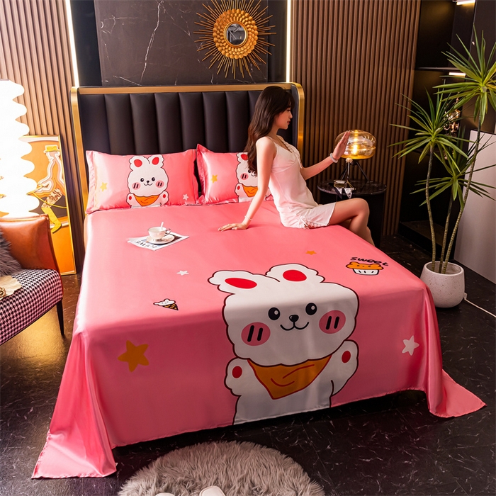 91家纺网 家纺一手货源 找家纺 梦舒羽 2025新款大版可水洗冰丝床单宿舍床垫保护罩三件套 小兔叽