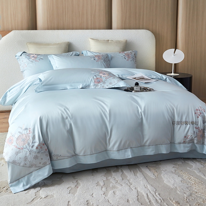 91家纺网 家纺一手货源 找家纺 红番天家居馆 2025新款长绒棉全棉绣花四件套--花间意境系列 西子蓝