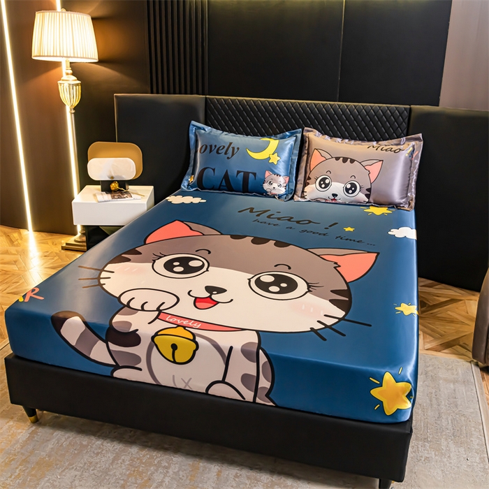 91家纺网 家纺一手货源 找家纺 梦舒羽 2025新款大版可水洗冰丝床笠宿舍床垫保护套三件套 招财小猫