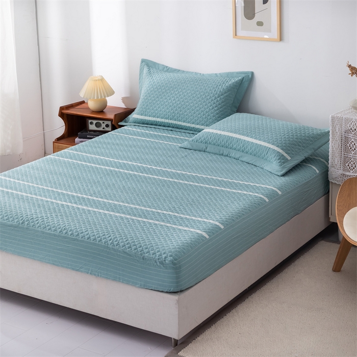 91家纺网 家纺一手货源 找家纺 优乐家纺2025新款全棉床笠水洗纯棉夹棉绗缝加厚床笠 青春绿