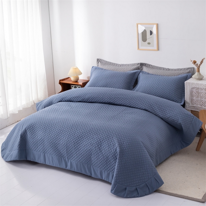 91家纺网 家纺一手货源 找家纺 优乐家纺 2025新款全棉床盖三件套水洗纯棉夹棉绗缝加厚铺盖 经典蓝