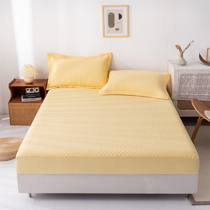 91家纺网 家纺一手货源 找家纺 优乐家纺 2025新款全棉床笠水洗纯棉夹棉绗缝加厚床笠 香橙黄