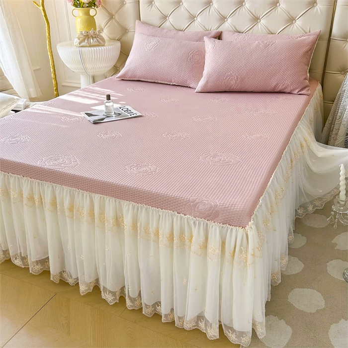 91家纺网 家纺一手货源 找家纺 恒爱A类冰丝豆豆床裙款国色天香系列凉席 粉玉