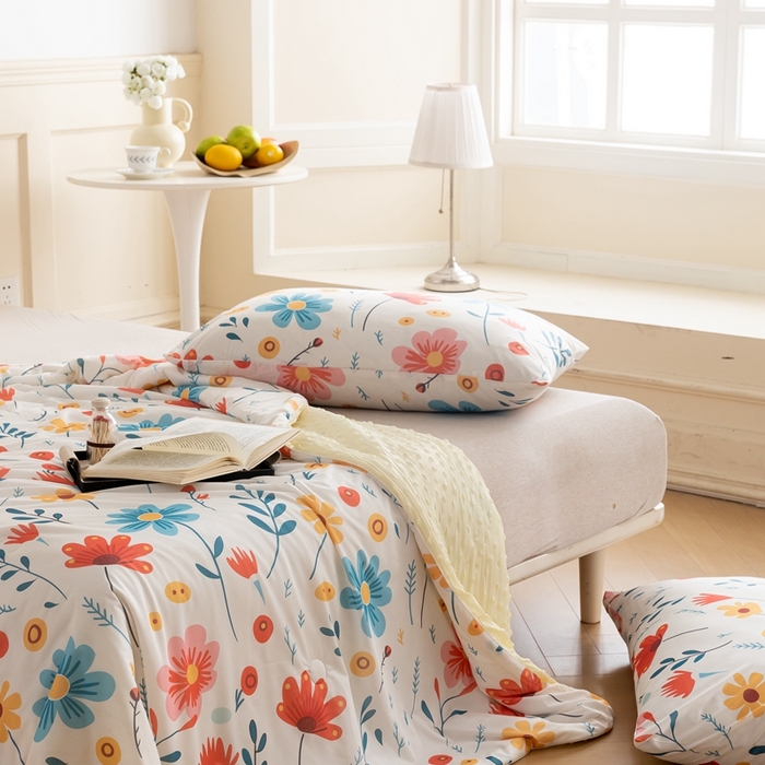 91家纺网 家纺一手货源 找家纺 绒梦里 2024新款有氨印花小凉皮凉感冰豆豆夏被小清新儿童夏凉被空调被繁花