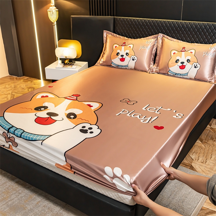 91家纺网 家纺一手货源 找家纺 梦舒羽 2025新款大版可水洗冰丝床笠宿舍床垫保护套三件套 可爱汪