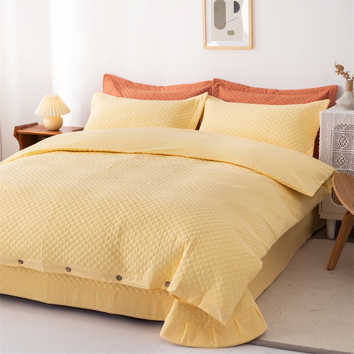 91家纺网 家纺一手货源 找家纺 优乐家纺 2025新款全棉四件套水洗纯棉夹棉绗缝加厚被罩 香橙黄