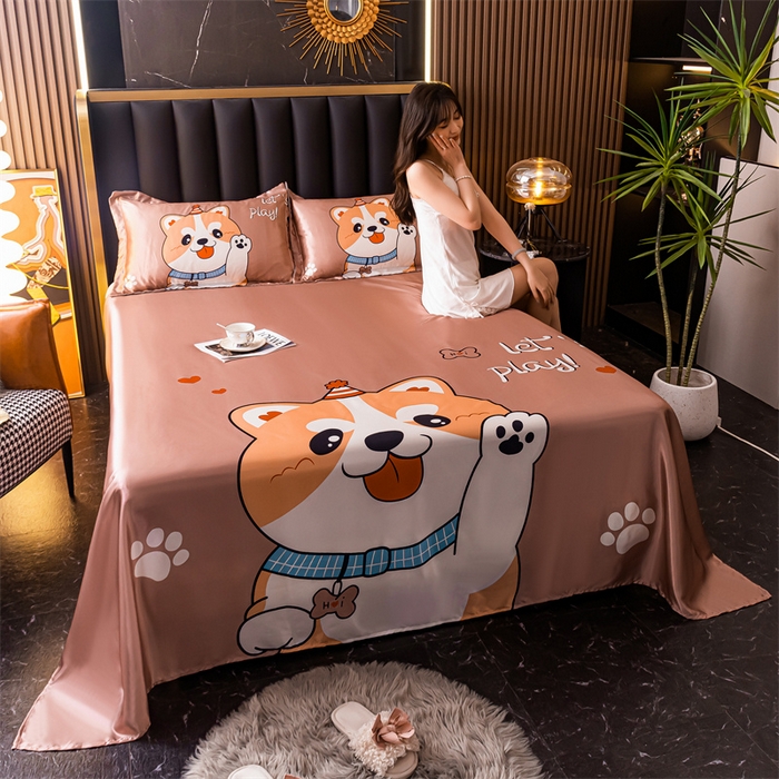 91家纺网 家纺一手货源 找家纺 梦舒羽 2025新款大版可水洗冰丝床单宿舍床垫保护罩三件套 可爱汪