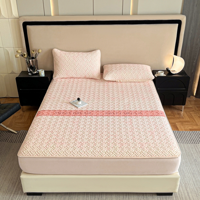 91家纺网 家纺一手货源 找家纺 诺梵 2024年凉感丝印花乳胶凉席床笠三件套 暖暖粉