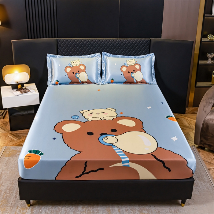 91家纺网 家纺一手货源 找家纺 梦舒羽 2025新款大版可水洗冰丝床笠宿舍床垫保护套三件套 抱抱熊