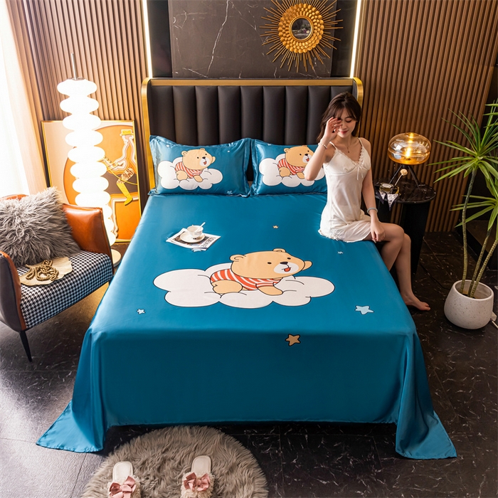 91家纺网 家纺一手货源 找家纺 梦舒羽 2025新款大版可水洗冰丝床单宿舍床垫保护罩三件套 熊宝宝