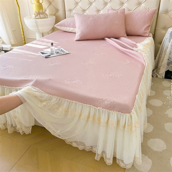 91家纺网 家纺一手货源 找家纺 恒爱A类冰丝豆豆床裙款国色天香系列凉席 粉玉