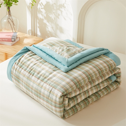 易博 热卖色织水洗棉夏被四件套 嫩芽绿格