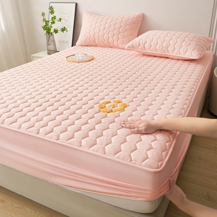 雅萱家纺 2024新款A类磨毛大豆防水床笠-菱格 菱格 浅粉