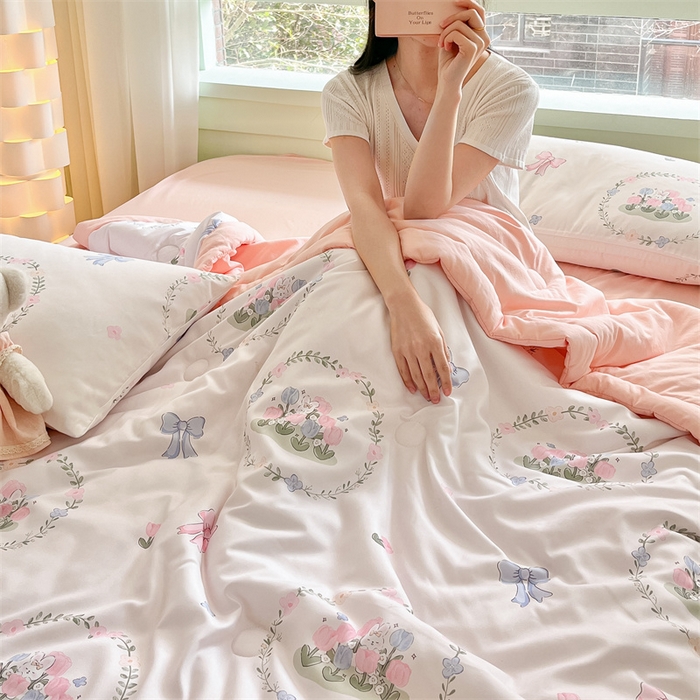 91家纺网 家纺一手货源 找家纺 古吉梦2024新款水洗棉小清新印花夏被被子被芯 夏被-花间兔