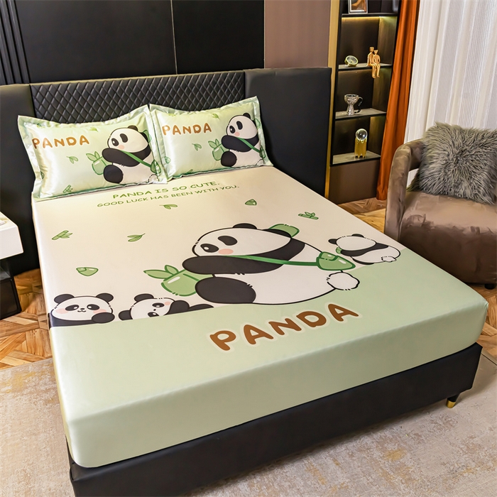 91家纺网 家纺一手货源 找家纺 梦舒羽 2025新款大版可水洗冰丝床笠宿舍床垫保护套三件套 熊猫乐园