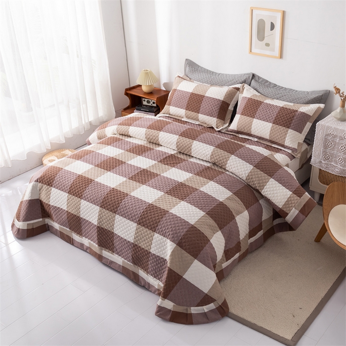 91家纺网 家纺一手货源 找家纺 优乐家纺 2025新款全棉床盖三件套水洗纯棉夹棉绗缝加厚铺盖 咖大格