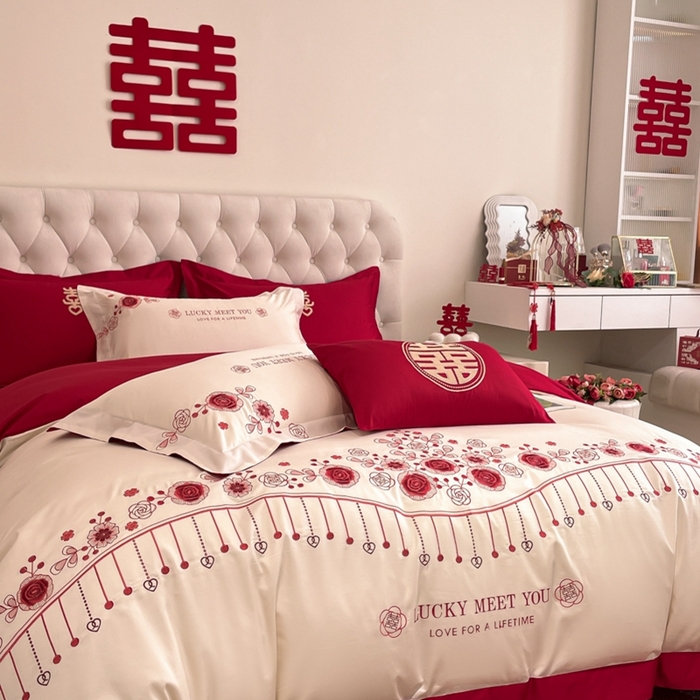 91家纺网 家纺一手货源 找家纺 遇见家居生活馆 2024新款全棉刺绣婚庆四件套 浪漫相随-奶昔白