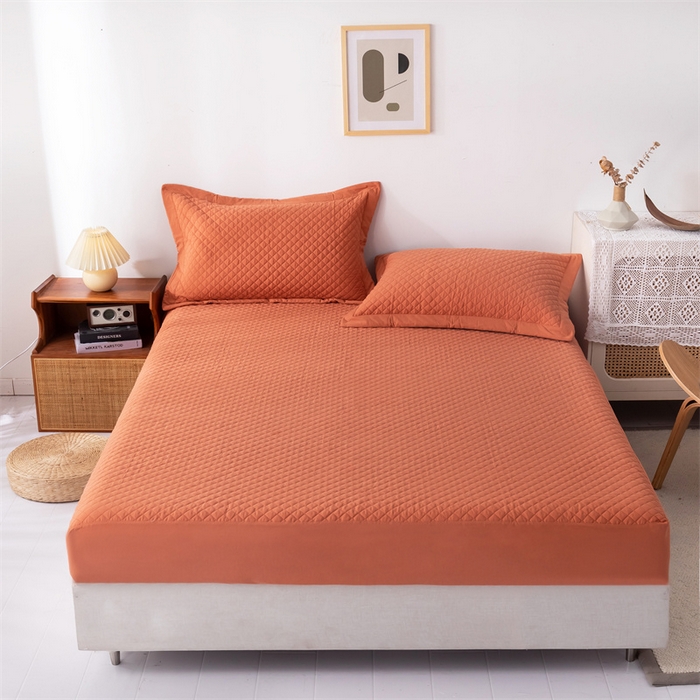 91家纺网 家纺一手货源 找家纺 优乐家纺 2025新款全棉床笠水洗纯棉夹棉绗缝加厚床笠 溶蜜橙