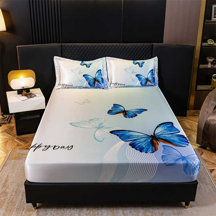 91家纺网 家纺一手货源 找家纺 梦舒羽 2025新款大版可水洗冰丝床笠宿舍床垫保护套三件套 蓝蝴蝶