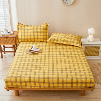 91家纺网 家纺一手货源 找家纺 2024直播爆款水洗云朵棉无印风床单床笠被套学生宿舍三件套四件套 黄中格