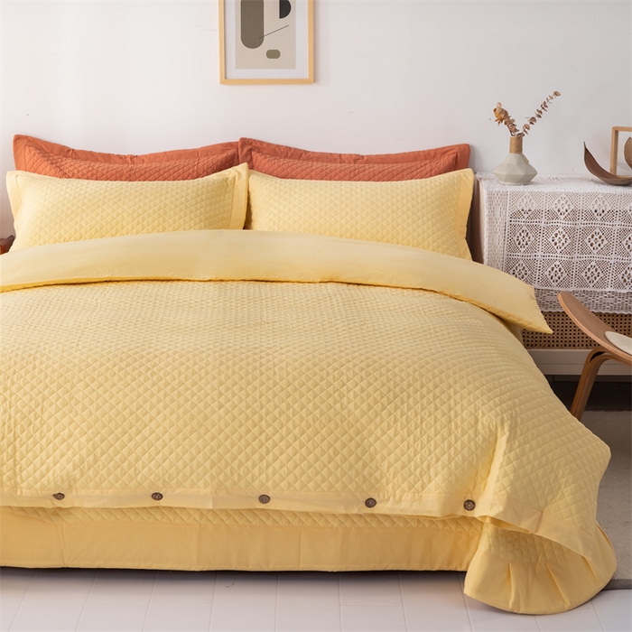 91家纺网 家纺一手货源 找家纺 优乐家纺 2025新款全棉四件套水洗纯棉夹棉绗缝加厚被罩 香橙黄