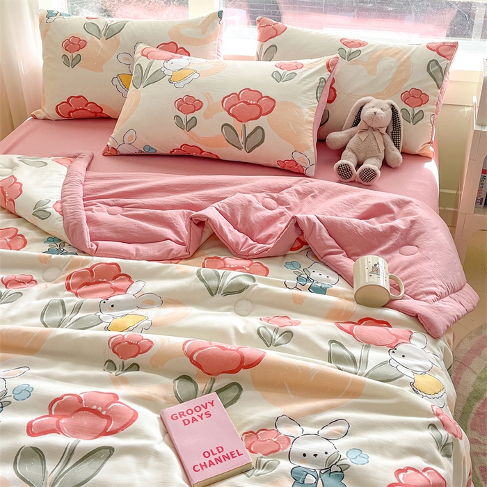 91家纺网 家纺一手货源 找家纺 古吉梦2024新款水洗棉小清新印花夏被被子被芯 夏被-花花兔