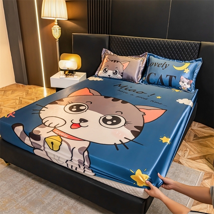 91家纺网 家纺一手货源 找家纺 梦舒羽 2025新款大版可水洗冰丝床笠宿舍床垫保护套三件套 招财小猫