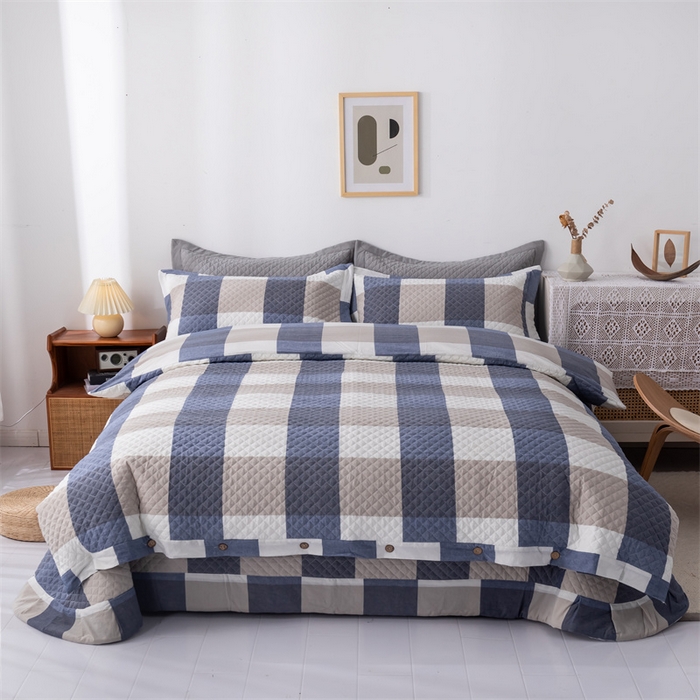 91家纺网 家纺一手货源 找家纺 优乐家纺 2025新款全棉四件套水洗纯棉夹棉绗缝加厚被罩 蓝大格