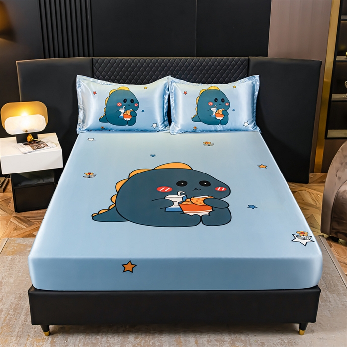 91家纺网 家纺一手货源 找家纺 梦舒羽 2025新款大版可水洗冰丝床笠宿舍床垫保护套三件套 小恐龙