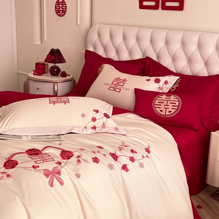 91家纺网 家纺一手货源 找家纺 遇见家居生活馆 2024新款全棉刺绣婚庆四件套 幸福约定-奶昔白