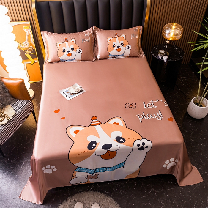 91家纺网 家纺一手货源 找家纺 梦舒羽 2025新款大版可水洗冰丝床单宿舍床垫保护罩三件套 可爱汪