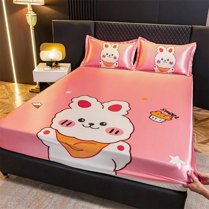 91家纺网 家纺一手货源 找家纺 梦舒羽 2025新款大版可水洗冰丝床笠宿舍床垫保护套三件套 小兔叽