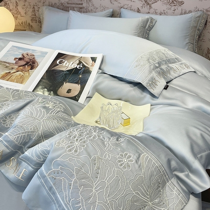 91家纺网 家纺一手货源 找家纺 （总） 2024新款Ａ类母婴级凉感真丝夏季裸睡丝滑床单床笠轻奢风刺绣四件套