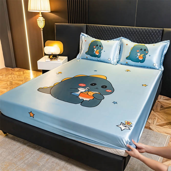 91家纺网 家纺一手货源 找家纺 梦舒羽 2025新款大版可水洗冰丝床笠宿舍床垫保护套三件套 小恐龙