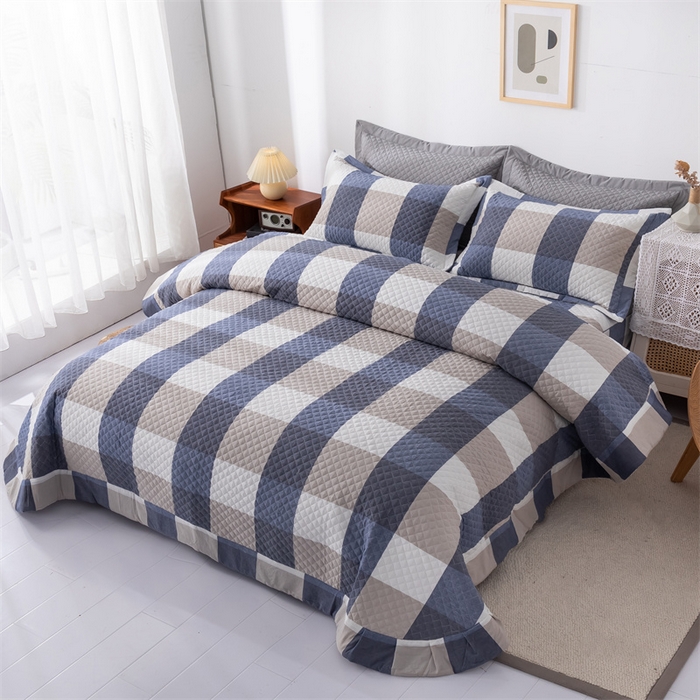 91家纺网 家纺一手货源 找家纺 优乐家纺 2025新款全棉床盖三件套水洗纯棉夹棉绗缝加厚铺盖 蓝大格